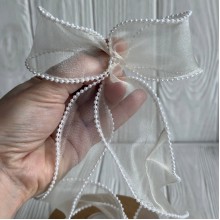 Лента с органзы с жемчужным кантом (D30333), 4 см, молочная, рулон 9 м