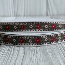 Стрічка з вишивкою (D19896), 1,5 см, коричнево-червона, рулон 23 м
