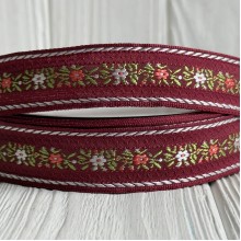 Стрічка з вишивкою (D21922), 2,5 см, бордова, рулон 23 м