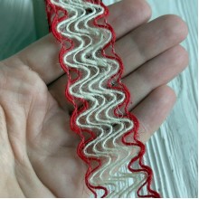 Лента-мешковина (волны), 2,5 см, белая с красным, рулон 9 м