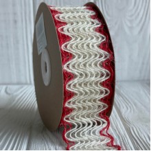 Лента-мешковина (волны), 4 см, белая с красным, рулон 9 м