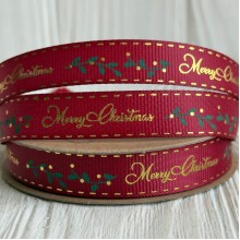 Репс 1,5 см, Merry Christmas (золотая надпись/листочек), бордовый, рулон 18 м Репс 1,5 см, Merry Christmas (золотая надпись/листочек), бордовый, рулон 18 м