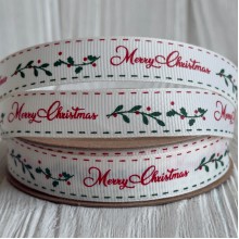 Репс 1,5 см, Merry Christmas (веточка с ягодками), молочный, рулон 23 м Репс 1,5 см, Merry Christmas (веточка с ягодками), молочный, рулон 23 м