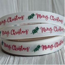 Репс 1,5 см, Merry Christmas (маленькая веточка), молочный, рулон 23 м Репс 1,5 см, Merry Christmas (маленькая веточка), молочный, рулон 23 м