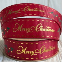 Репс 2,5 см, Merry Christmas (золотая надпись/листочек), бордовый, рулон 18 м