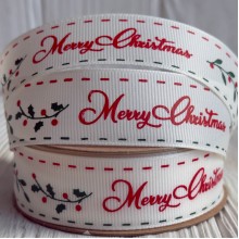 Репс 2,5 см, Merry Christmas (веточка с ягодками), молочный, рулон 23 м