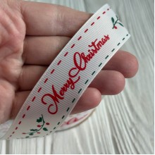 Репс 2,5 см, Merry Christmas (веточка с ягодками), молочный, рулон 23 м