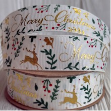 Репс 2,5 см, Merry Christmas (золото/олень), молочный, рулон 18 м