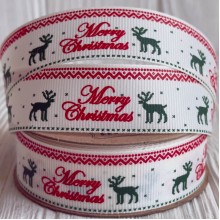 Репс 2,5 см, Merry Christmas (олень), молочный с красно-зеленым, рулон 23 м