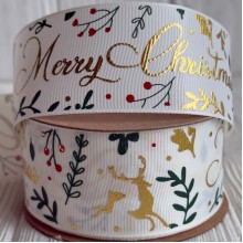Репс 4 см, Merry Christmas (золото/олень), молочный, рулон 18 м