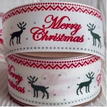 Репс 4 см, Merry Christmas (олень), молочный с красно-зеленым, рулон 23 м
