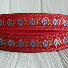 Жакард-вышиванка (ТВ-№30), 2,5 см, красный с цветами, рулон 45 м