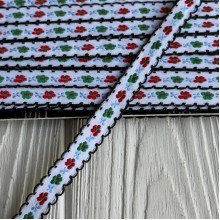 Жакардовая тесьма с волнистым краем, 1 см, белая с красно-зеленым цветочком, рулон 20 м 