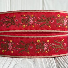 Жакард-вышиванка (ТВ-№1), 3 см, красный веточки, рулон 45 м