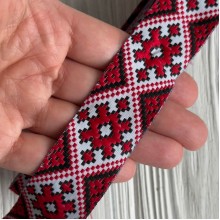 Тесьма вышиванка (узор из ромбов), 2,5 см, бело-красная, рулон 7 м