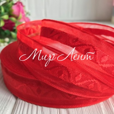 Органза с атласным узором, 2 см, красный, рулон 45 м