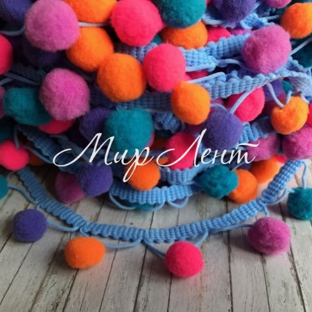 Тесьма с помпонами (big), 1,5 см, оранжево-бирюзово-малиновый, моток 28 ярдов