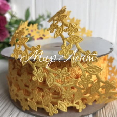 Кружевная лента цветочек вьюнок, 2 см, темно-желтый, рулон 20 м