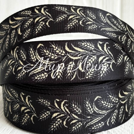 Репс 2,5 см, колоски на черном, рулон 23 м