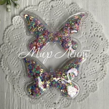 Силиконовая бабочка с наполнителем, 7х4,5 см, разноцветные колечки, упаковка 20 шт.