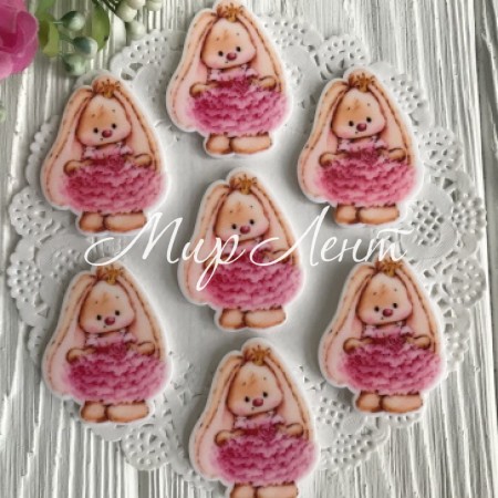 Кабошон Зайка, 3,8 см, в ярко-розовом платье, упаковка 20 шт.