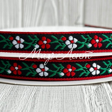 Лента с вышивкой (D19812), 1,5 см, черно-красно-зеленая, рулон 23 м
