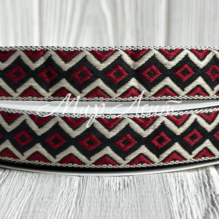 Стрічка з вишивкою (D19819), 2 см, чорно-біло-червона, рулон 23 м
