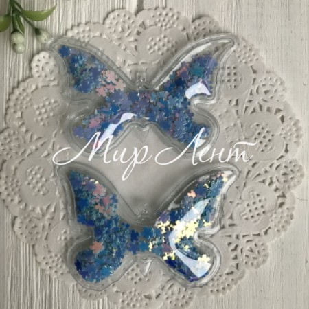 Силиконовая бабочка с наполнителем, 7х4,5 см, светло-синие перламутровые цветочки, упаковка 20 шт.