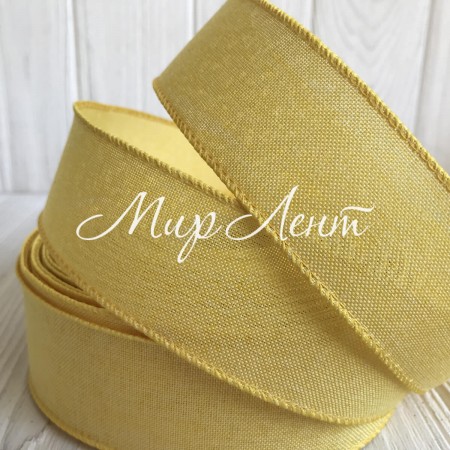 Котоновая лента с проволочным кантом, 3,8 см, темно-желтая, рулон 23 м