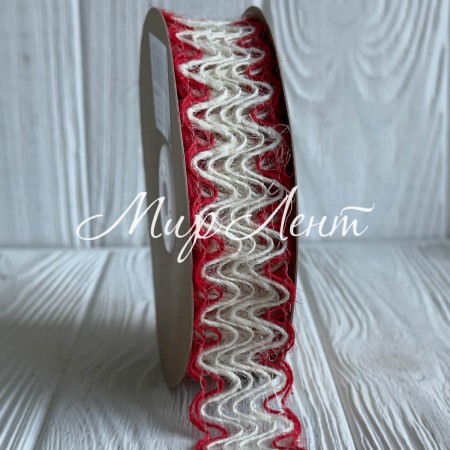 Лента-мешковина (волны), 2,5 см, белая с красным, рулон 9 м