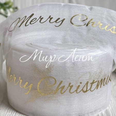Органза 4 см, Merry Christmas з оленем, білий, рулон 23 м