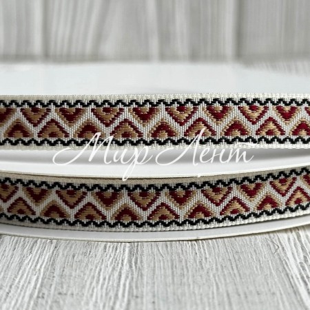 Лента с вышивкой (D19809), 1 см, бело-коричневая, рулон 23 м