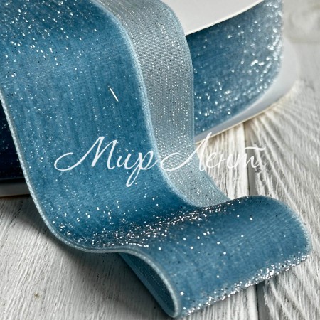 Лента велюр с перламутром, 4 cм, бирюзовый, рулон 27 м