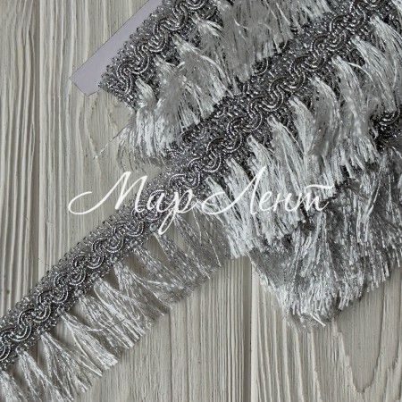 Тесьма с бахромой (D30056), 5 см, серебро, рулон 13 м