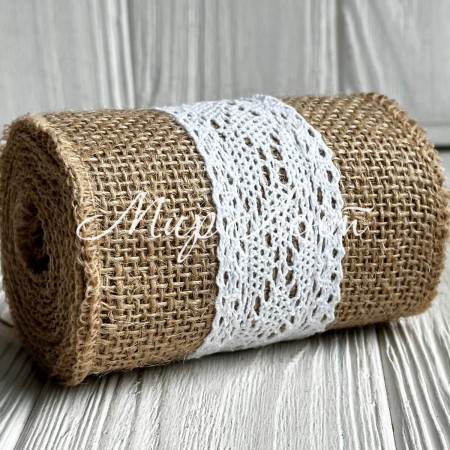 Лента-мешковина с вязаным кружевом широкая, 10 см, натуральный с белым, рулон 2 ярда