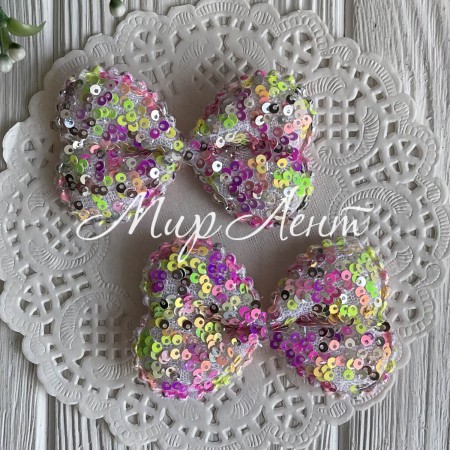 Аппликация бант с круглыми паетками (большой), 7,5х4,7 см, малиново-салатовый, упаковка 20 шт.