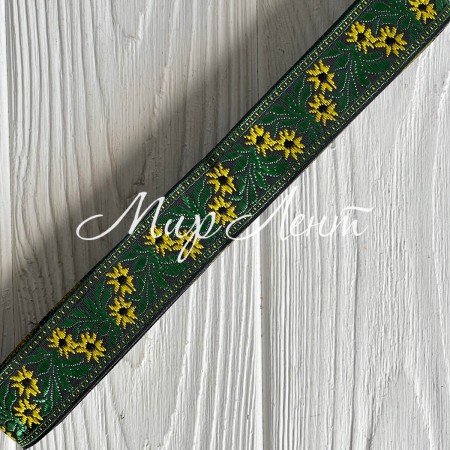 Тесьма вышиванка (барвинок), 2,5 см, желто-зеленый на черном, рулон 9 м