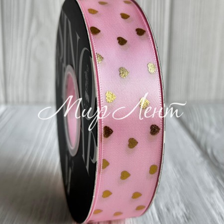 Лента атласная в золотое сердечко, 2,5 см, светло-розовый, рулон 30 м