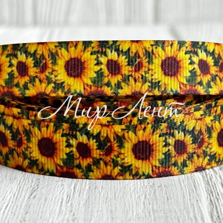 Репс 1,5 см, желтые подсолнухи, на зеленом фоне, рулон 23 м