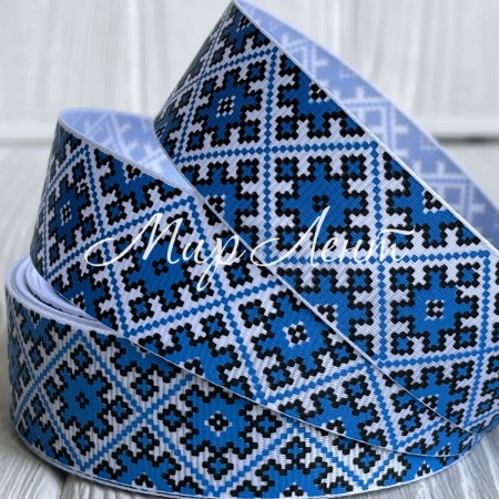Репс 2,5 см, орнамент ромб, на синьому, рулон 23 м