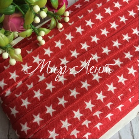 Бейка стрейчевая, 1,5 см, белые звездочки, красный, рулон 28 м