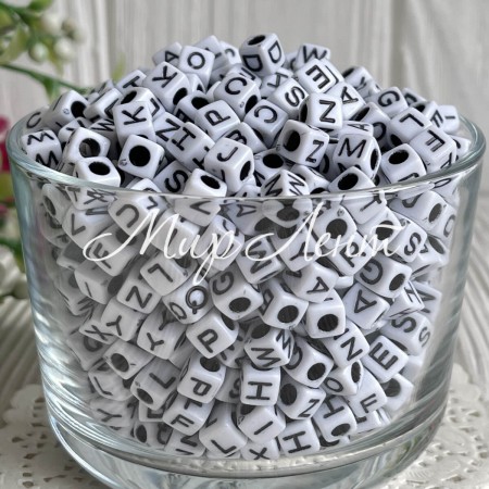 Бусина буква, 6 мм, квадрат (бело-черная), упаковка 500 г