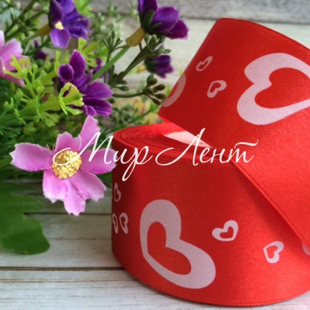 Атлас 4 см, сердечка большие, красный, рулон 45 м