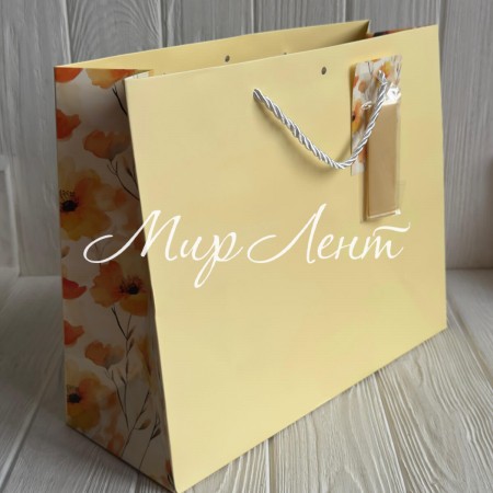 Подарунковий пакет з квітковим принтом (J01189), 31х26х12 см, жовтий, упаковка 12 шт. 