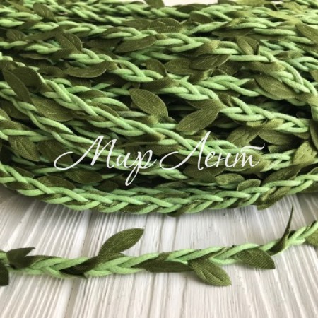 Шнур декоративный с листочками, 0,7 см, светло-зеленый, моток 50 м
