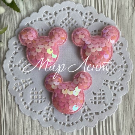 Аппликация Микки с паетками (маленькая), 4,2х3,6 см, розовая, упаковка 20 шт.