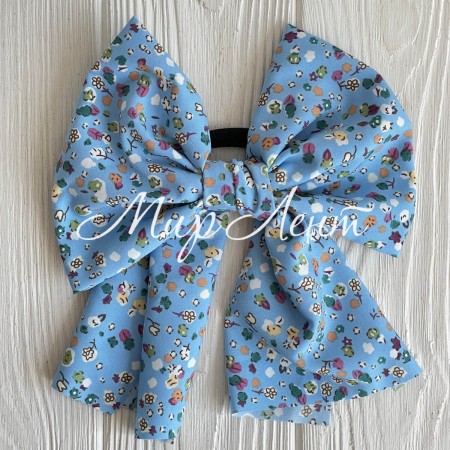 Резинка Твилли большой бант в цветочек, 16 см, голубая с хлопком, шт.