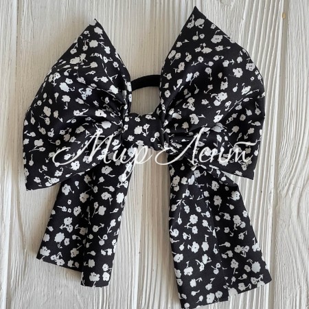 Резинка Твилли большой бант в цветочек, 16 см, черная с белым, шт.