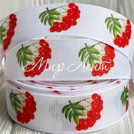 Репс 2,5 см, красная калина, на белом фоне, рулон 23 м
