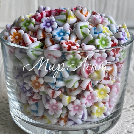 Бусина объемный цветочек c белым кантом, 11х6 мм, цветной микс, упаковка 500 г
